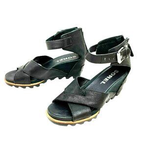 Sorel Joanie ll Wedge 2831 Leather Ankle Strap Zip Sandals Womens 8 Black